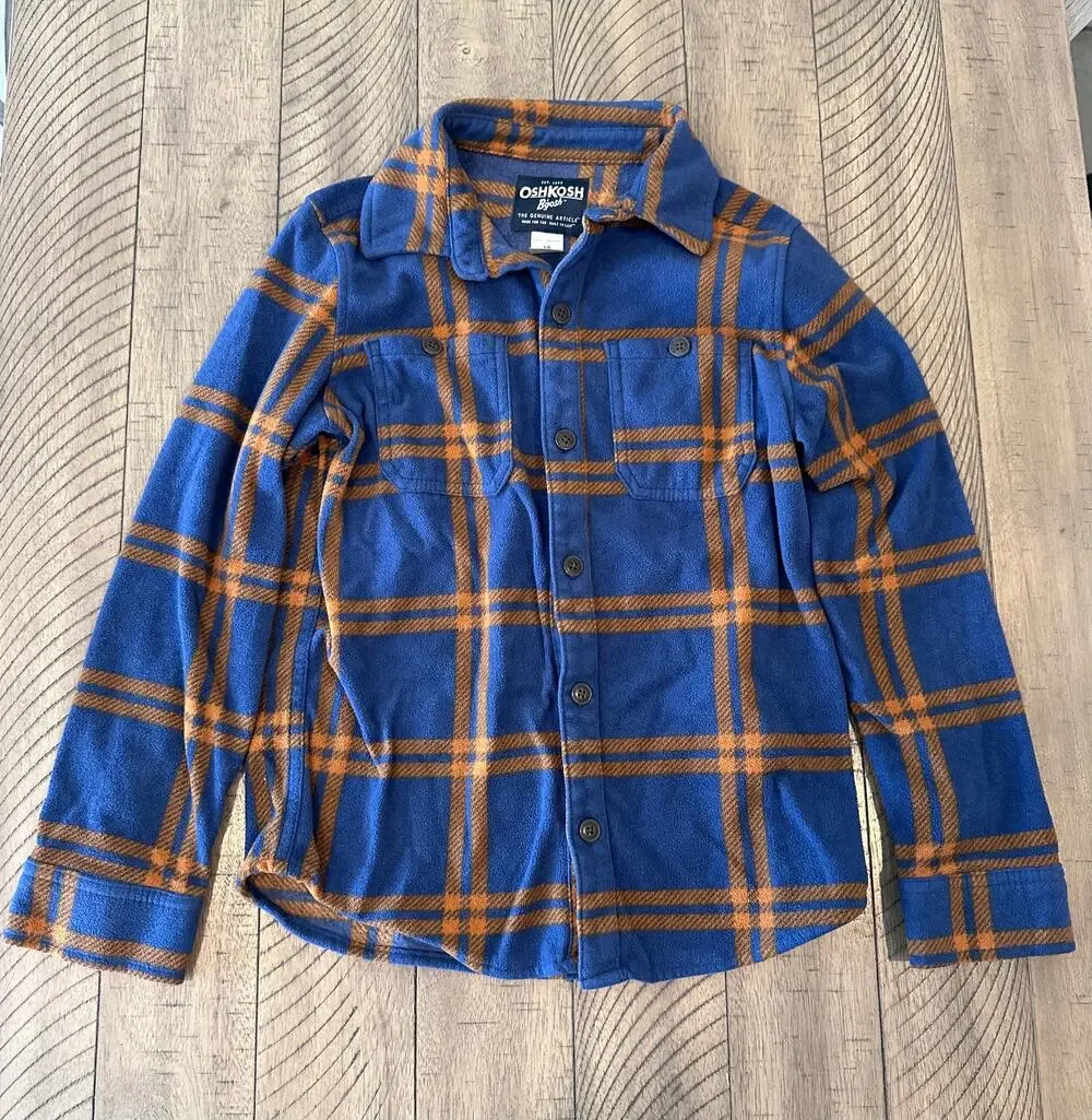 OshKosh B'gosh Boys Long Sleeve Button-Down Shirt Sz 10 Blue Orange Plaid Fleece